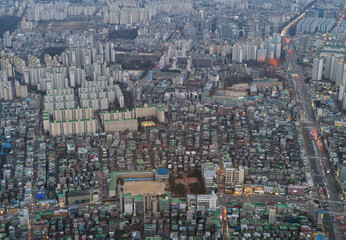 Aerial view of Seoul Downtown Skyline, South Korea. Financial district and business centers in smart urban city in Asia. Skyscraper and high-rise buildings. - 764916226