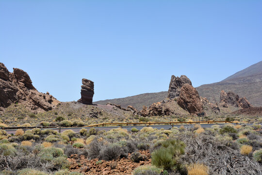 Roque Cinchado rocks  and a street in Teide National Park