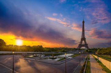 View of Eiffel Tower from Jardins du Trocadero in Paris, France. Eiffel Tower is one of the most...