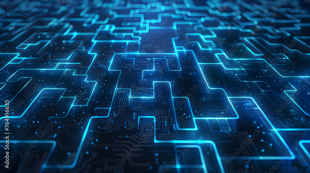 Poster technological circuits converging in abstract background concept art tech design.