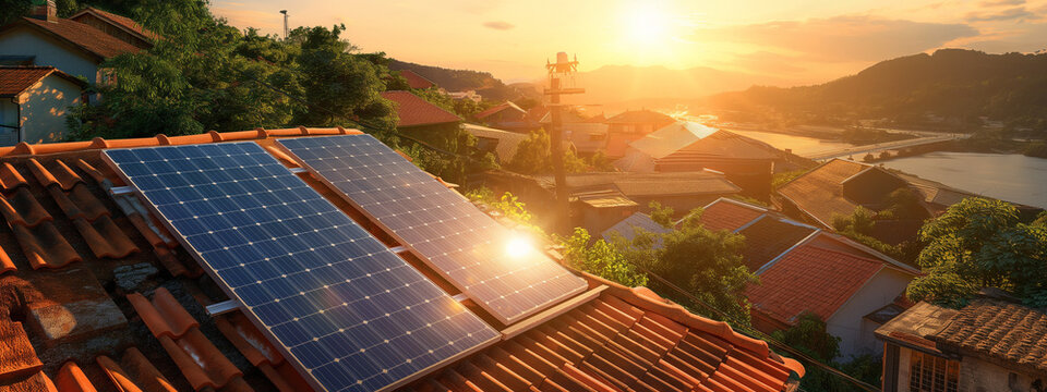Solar panels system green house ecology industry on the roof of a house at sunset
Generation AI
