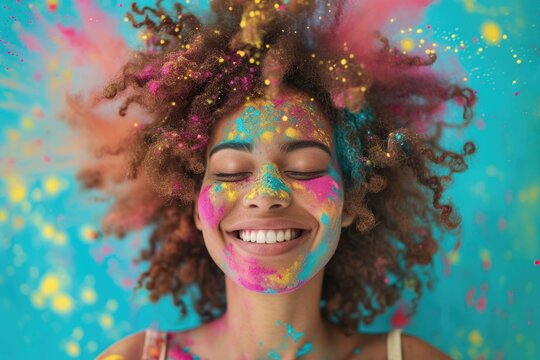 Joyful woman covered in colorful paint at festival