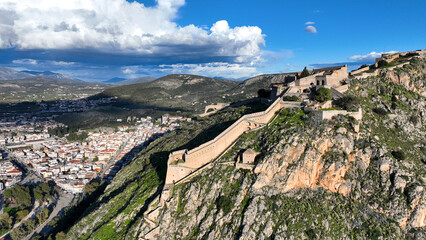 Aerial drone photo of beautiful landmark castle of Palamidi built uphill overlooking iconic city of...