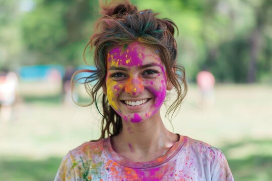 Portrait of happy indian person on holi color on white cotton t shirt