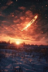A commet falling from space, down to earth in a fireball far away, from the pov of a snowy field sunset 3d ultra hd 4k , cineamtic - obrazy, fototapety, plakaty