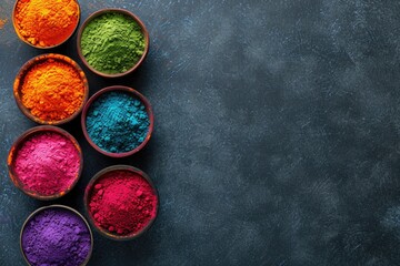 Colorful Holi Powder in Bowls on Dark Background