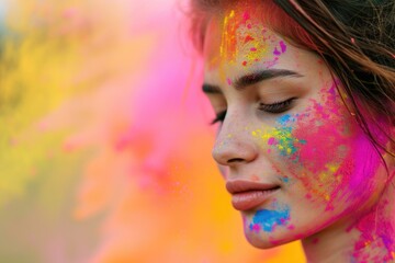 woman playing with colors on the occasion of holi - obrazy, fototapety, plakaty