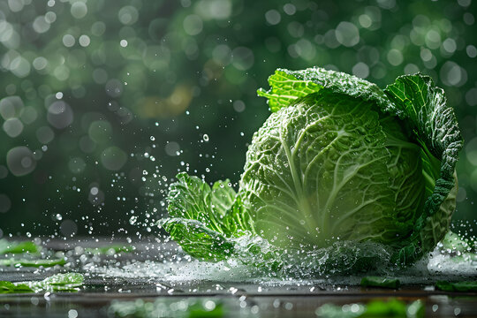 Fresh green cabbage head with water droplets in natural light