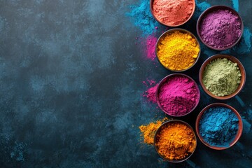 Obraz na płótnie Canvas Colorful Holi Powder in Bowls on Dark Background