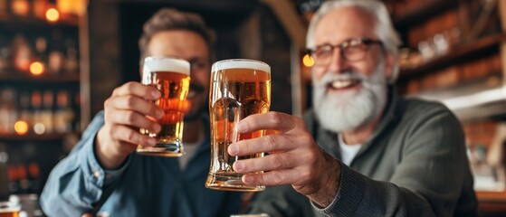 Men Toasting with Beer Glasses in a Pub - obrazy, fototapety, plakaty