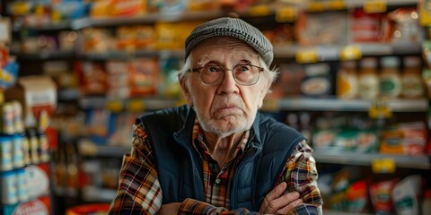 Confused senior in store surrounded by options highlighting challenges with dementia. Concept Shopping for Elderly, Dementia Symptoms, Senior Confusion, Overwhelming Choices, Alzheimer's Awareness - obrazy, fototapety, plakaty