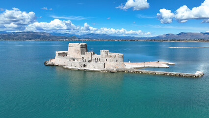 Aerial drone photo of castle of Bourtzi built at sea a popular attraction in city of Nafplio former...