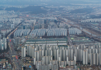 Aerial view of Seoul Downtown Skyline, South Korea. Financial district and business centers in smart urban city in Asia. Skyscraper and high-rise buildings. - 764919022