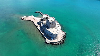 Aerial drone photo of castle of Bourtzi built at sea a popular attraction in city of Nafplio former...