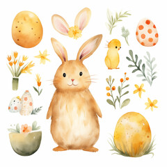 Watercolor Easter set, Easter bunny, eggs, chicken
Generation AI