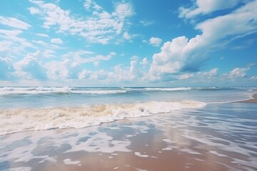 Tranquil cloudscape over serene turquoise sea waves and idyllic tropical sandy beach