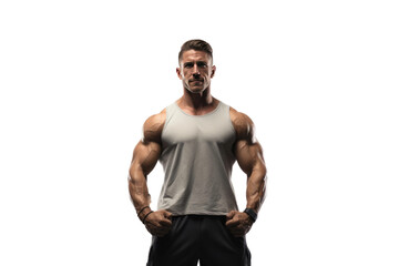 Fototapeta premium Sculpted Serenity: A Man Strikes a Pose in Tank Top.