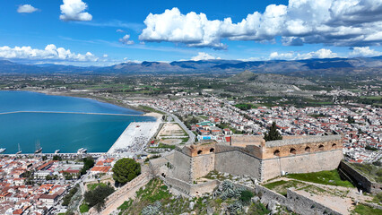 Aerial drone photo of beautiful landmark castle of Palamidi built uphill overlooking iconic city of...