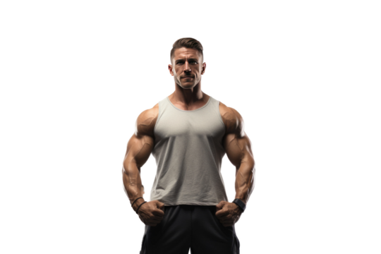 Sculpted Serenity: A Man Strikes a Pose in Tank Top.