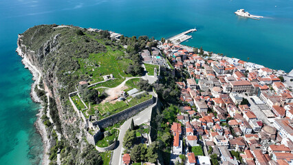 Aerial drone photo of iconic Acronafplia fortress overlooking old city of Nafplio below famous...
