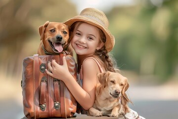 Little girl with her dogs holding a suitcase. Concept of child vacation in village or travelling with pet