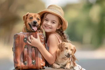 Foto auf Acrylglas Heringsdorf, Deutschland Little girl with her dogs holding a suitcase. Concept of child vacation in village or travelling with pet