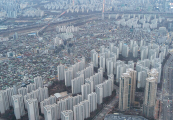 Aerial view of Seoul Downtown Skyline, South Korea. Financial district and business centers in smart urban city in Asia. Skyscraper and high-rise buildings. - 764920654