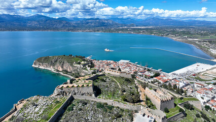 Aerial drone photo of beautiful landmark castle of Palamidi built uphill overlooking iconic city of...