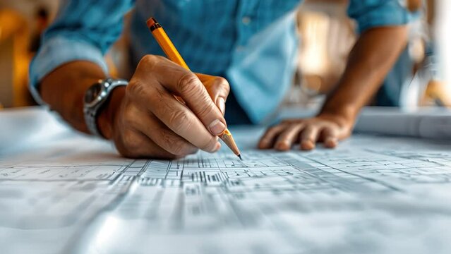 Architect  man is drawing a plan on a piece of paper with a pencil. The plan appears to be a blueprint for a building.