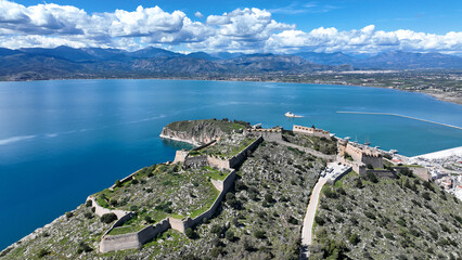 Aerial drone photo of beautiful landmark castle of Palamidi built uphill overlooking iconic city of...