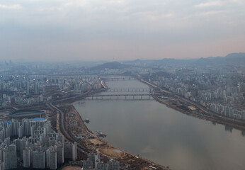 Aerial view of Seoul Downtown Skyline, South Korea. Financial district and business centers in smart urban city in Asia. Skyscraper and high-rise buildings. - 764921062