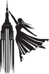 A black and white image of a woman dance in a black dress with a statue of liberty on it 
 