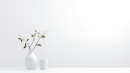 Minimalist indoor plant in white vases against a clean wall with sunlight, modern home decor.