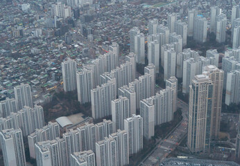 Aerial view of Seoul Downtown Skyline, South Korea. Financial district and business centers in smart urban city in Asia. Skyscraper and high-rise buildings. - 764921819