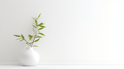 Minimalist indoor plant in white vases against a clean wall with sunlight, modern home decor.