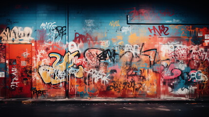 Vibrant graffiti art on brick wall, urban street style, colorful mural, youth culture background.