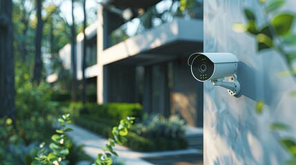 Modern Home Security Camera Integrated in Greenery - obrazy, fototapety, plakaty