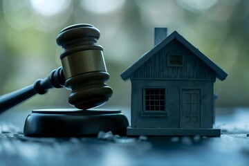 Auctioneers gavel on a model house symbolizing real estate law taxes profits and investments in home purchase. Concept Real Estate Law, Taxes, Profits, Investments, Home Purchase