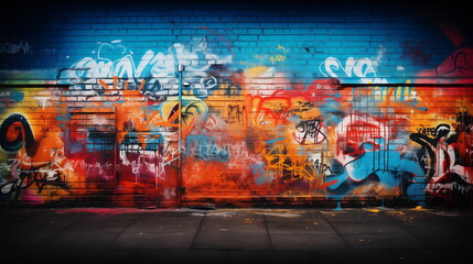 Vibrant graffiti art on brick wall, urban street style, colorful mural, youth culture background. - obrazy, fototapety, plakaty
