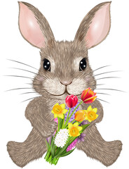 braunes Kaninchen mit Frühlingsblumen Strauß.Zauberhaftes Kaninchen mit einem frühlingshaften Blumenstrauß