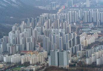 Aerial view of Seoul Downtown Skyline, South Korea. Financial district and business centers in smart urban city in Asia. Skyscraper and high-rise buildings. - 764922409