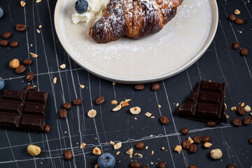 croissant filled with chocolate top view
