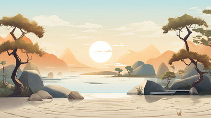 Serene landscape with sun setting over water and mountains, tranquil nature scene, digital art.