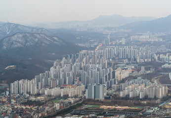 Aerial view of Seoul Downtown Skyline, South Korea. Financial district and business centers in smart urban city in Asia. Skyscraper and high-rise buildings. - 764922646