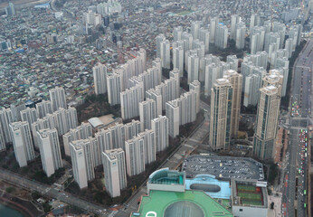 Aerial view of Seoul Downtown Skyline, South Korea. Financial district and business centers in smart urban city in Asia. Skyscraper and high-rise buildings. - 764923003