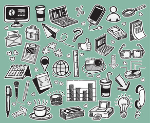 Set of hand drawn object doodle with labtop, bottle, food, coffee, camera and lifestyle elements. Cartoon sketch style. Vector illustration for activity life design concept.
- 764923400