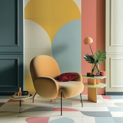 A retroinspired design with geometric shapes and pastel hues