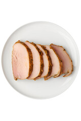 Sliced baked pork fillet on a plate