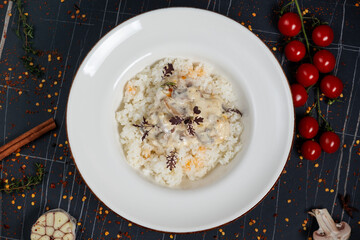 Risotto with seafood: rice, shrimp and mussels. Top view. Free space for text.