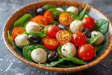Fresh salad bowl with tomatoes, spinach, and mozzarella cheese